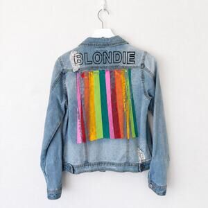 Judith March Blondie Rainbow Distressed Denim Jacket Size S 70s Rock Festival